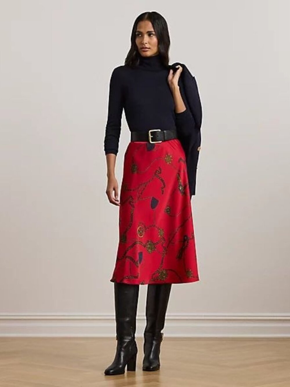 $175 Lauren Ralph Lauren Belting-Print Satin Charmeuse Midi Skirt Red Size 10